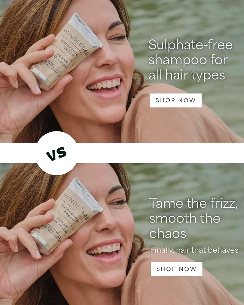 A before and after shampoo brand picture using a benefit led headline. Before: "Sulphate-free shampoo for all hair types", After: "Tame the frizz, smooth the Chaos - Finally, hair that behaves"