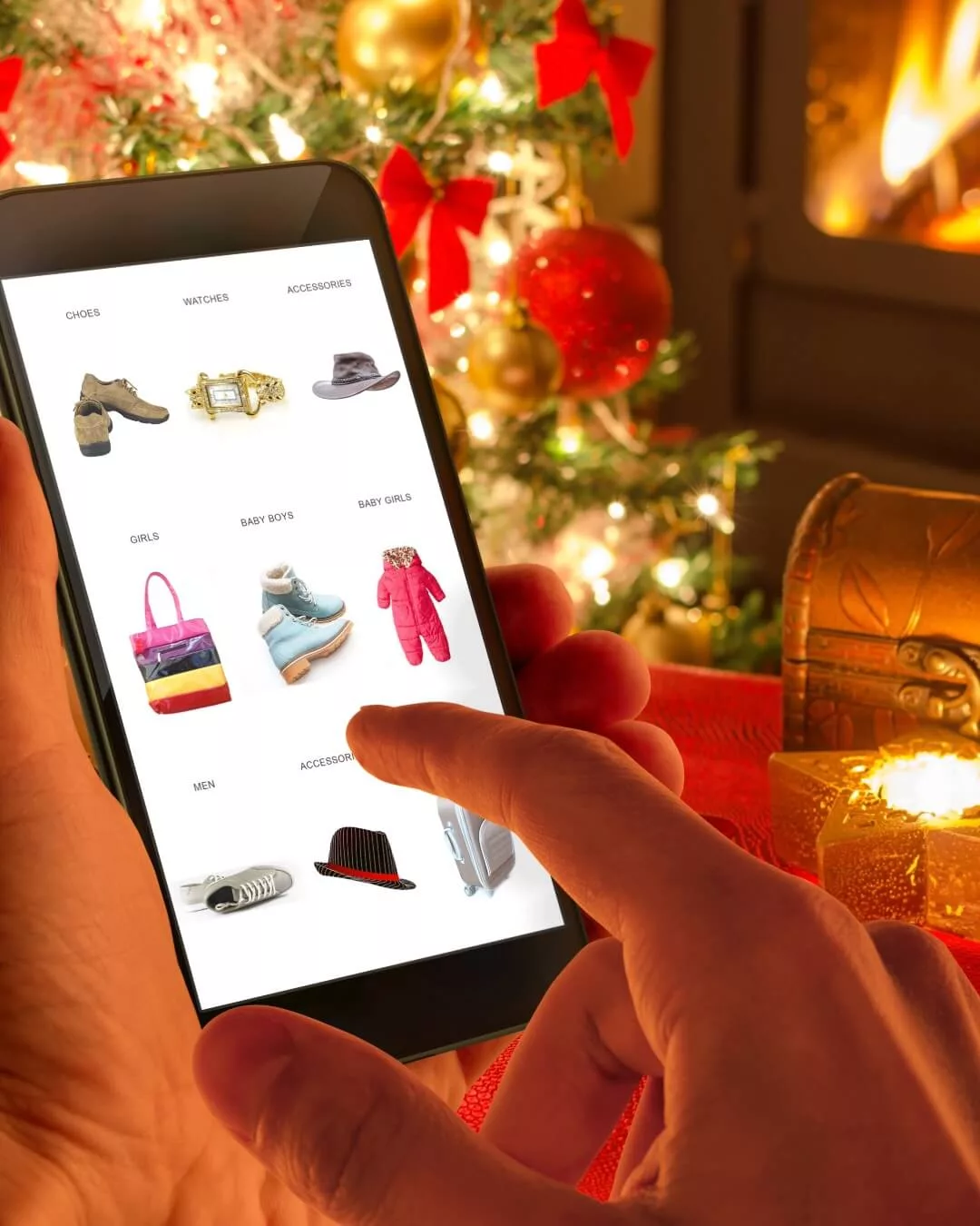 Person scrolling through Christmas shopping on their phone with Christmas lights glowing in the background