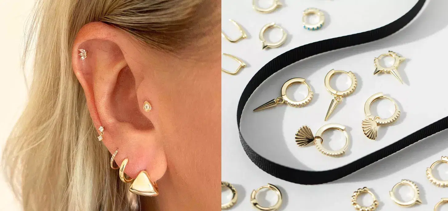 A split picture showing 2 product images. On the left is a model with blonde hair with a stack of Helix and Conch gold hoops and stud earrings along the ear. On the right is a flat lay of a large selection of gold hoops and huggies.