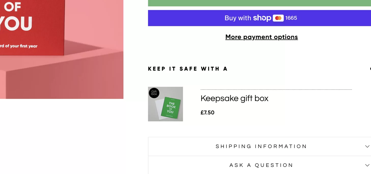 Upsell of gift box under a green add to cart button for Colour Chronicles