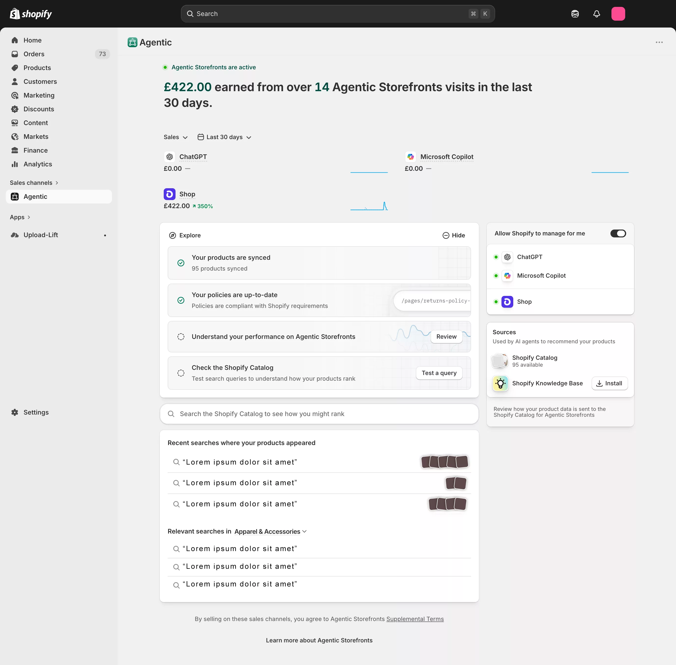 A Shopify dashboard on the Agentic sales channel showing